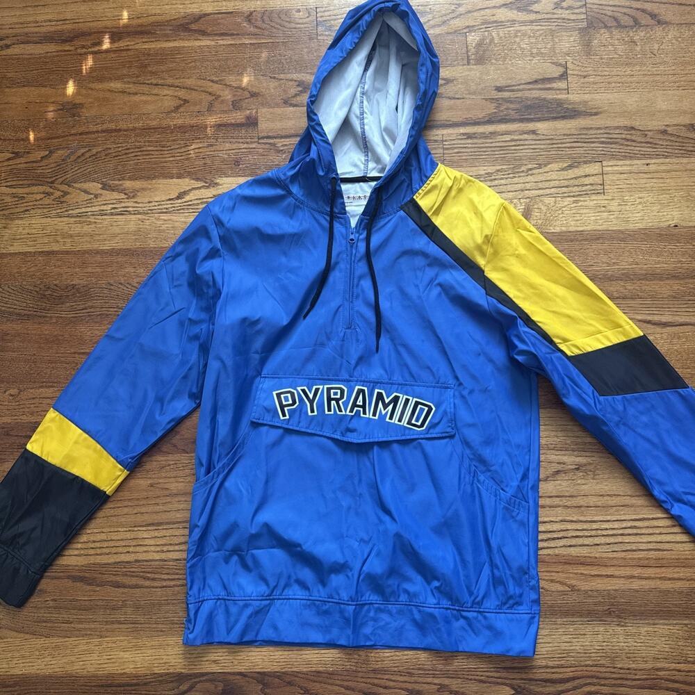 Black Pyramid Jacket. Blue and Yellow. Windbreaker with hood Size XL